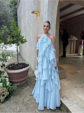 A Classy Chic Boutique Sky Blue Ruffled Halter Maxi Dress